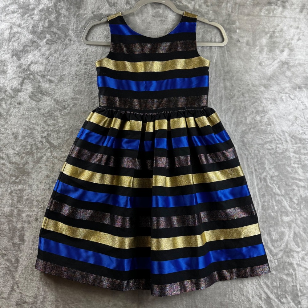 Gymboree Dressed Up Dress Girls 8 Blue Gold Metallic Striped Party (1714)